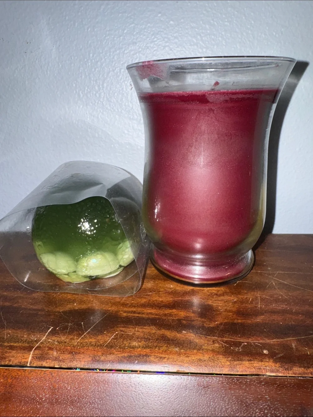 2 PartyLite Decorative Candles Burgundy in Glass &  Round Green Candle